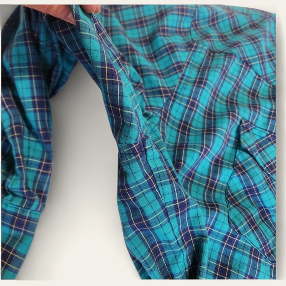 Wrangler‎ Men's Pearl Snap Plaid Western Shirt | 19x36 Tall | Teal, Blue, Yellow - Picture 6 of 6